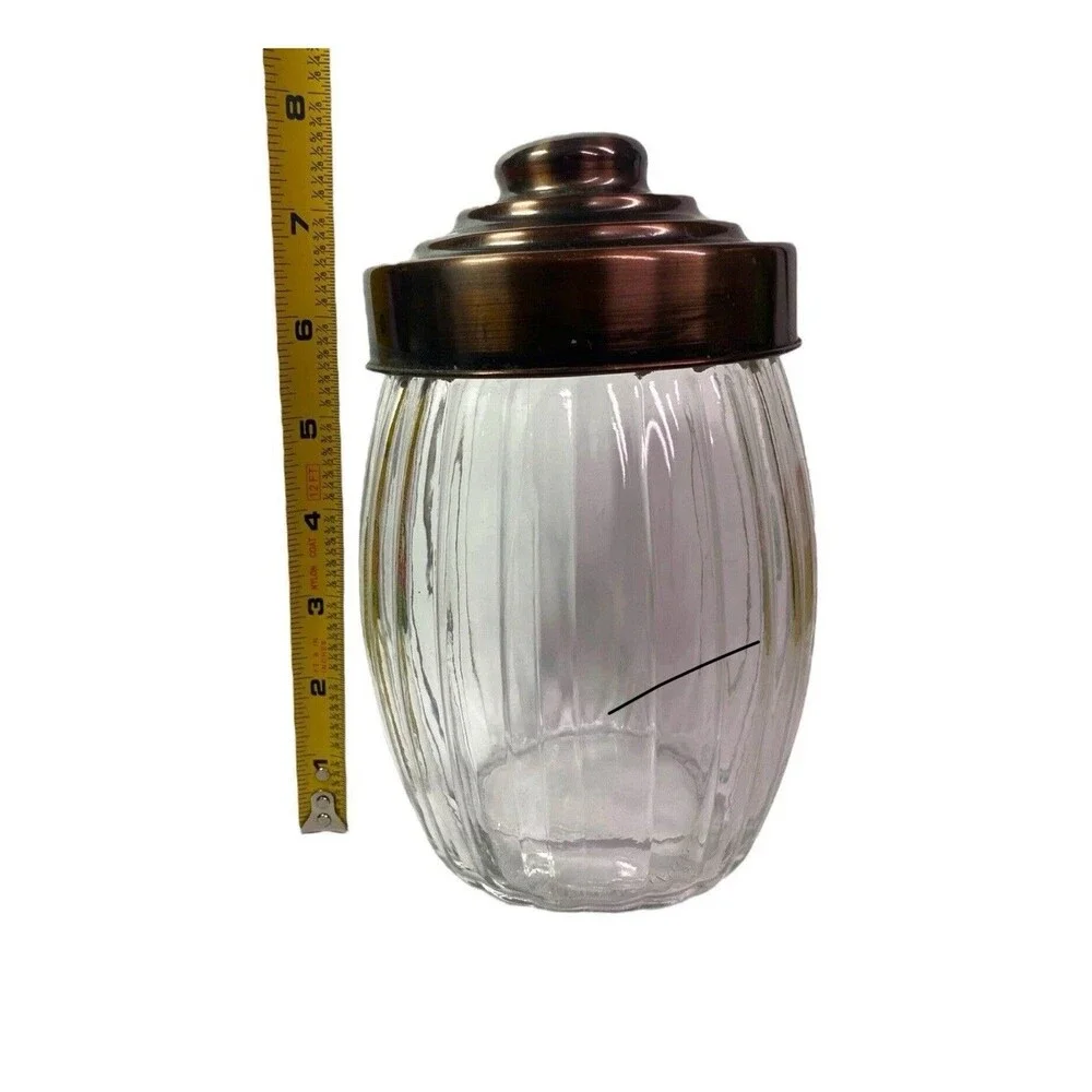 Ribbed Clear Glass Kitchen Canister Jar Bronze Tone Metal Lid 8” Pantry Storage
